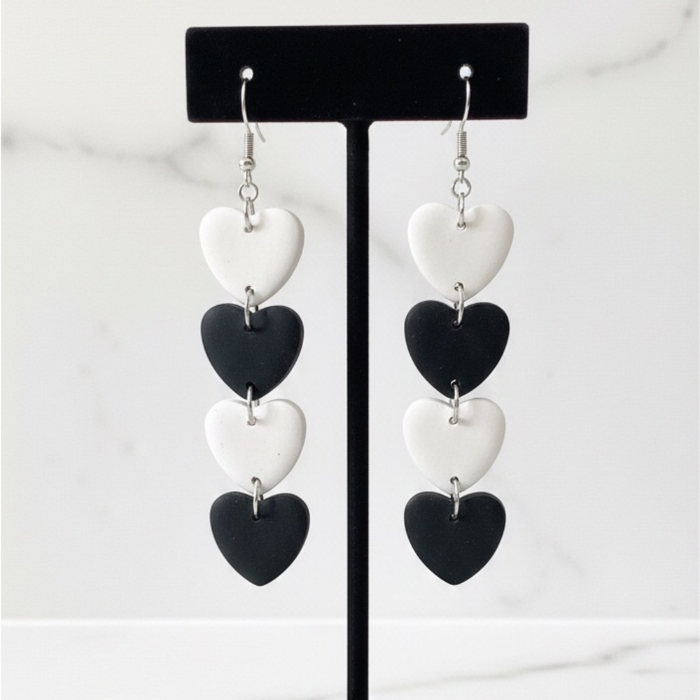 Tiered Heart Dangle - Handmade Earrings - monochrome